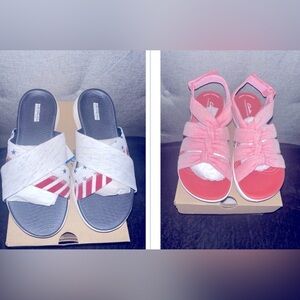 Clarks Chambray Red & Skechers Heathered Gray Patriotic Stripe sandals